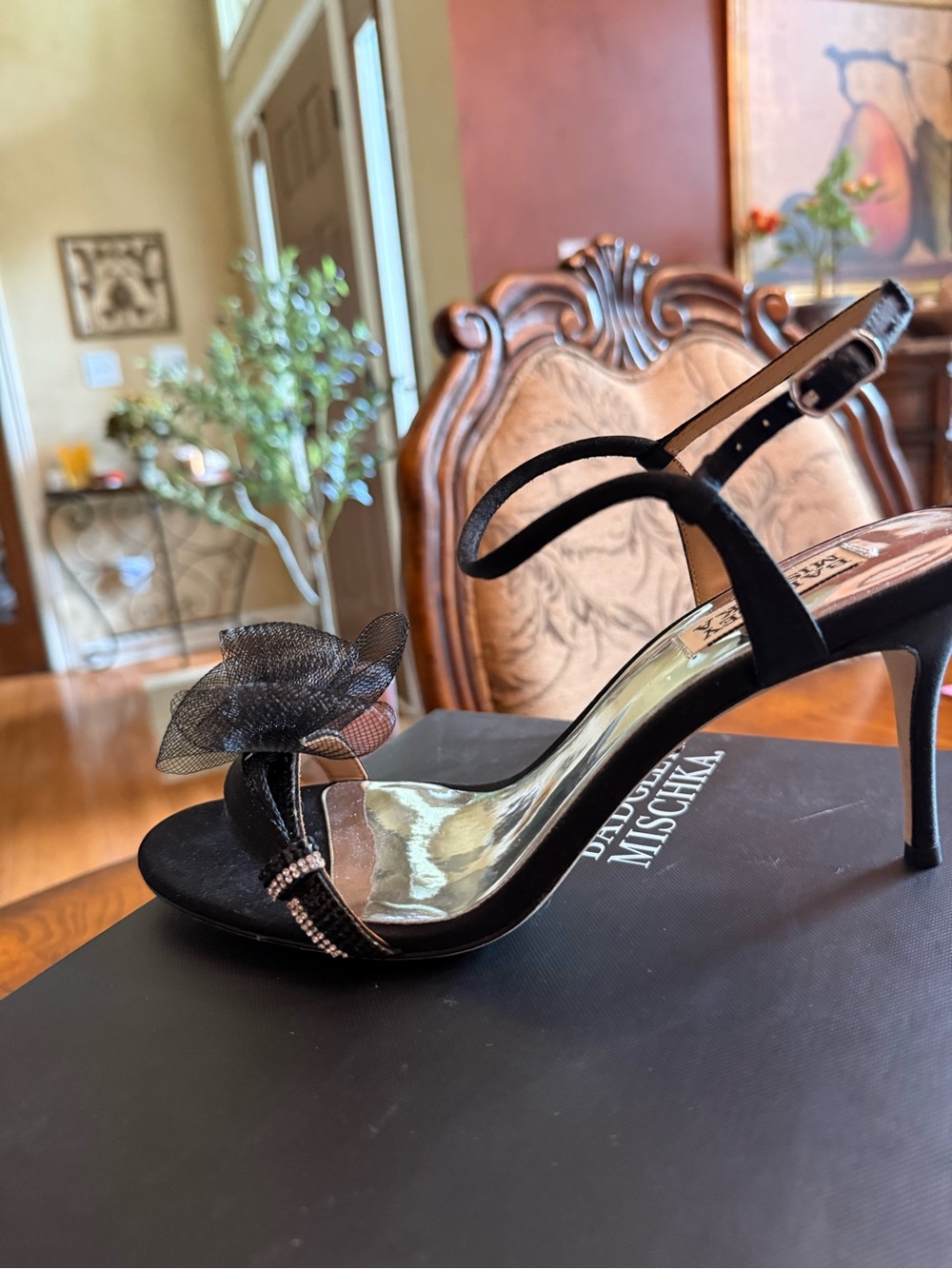 Badgley Mischka Janie Black Satin Open-Toe Heel with Mesh Bow